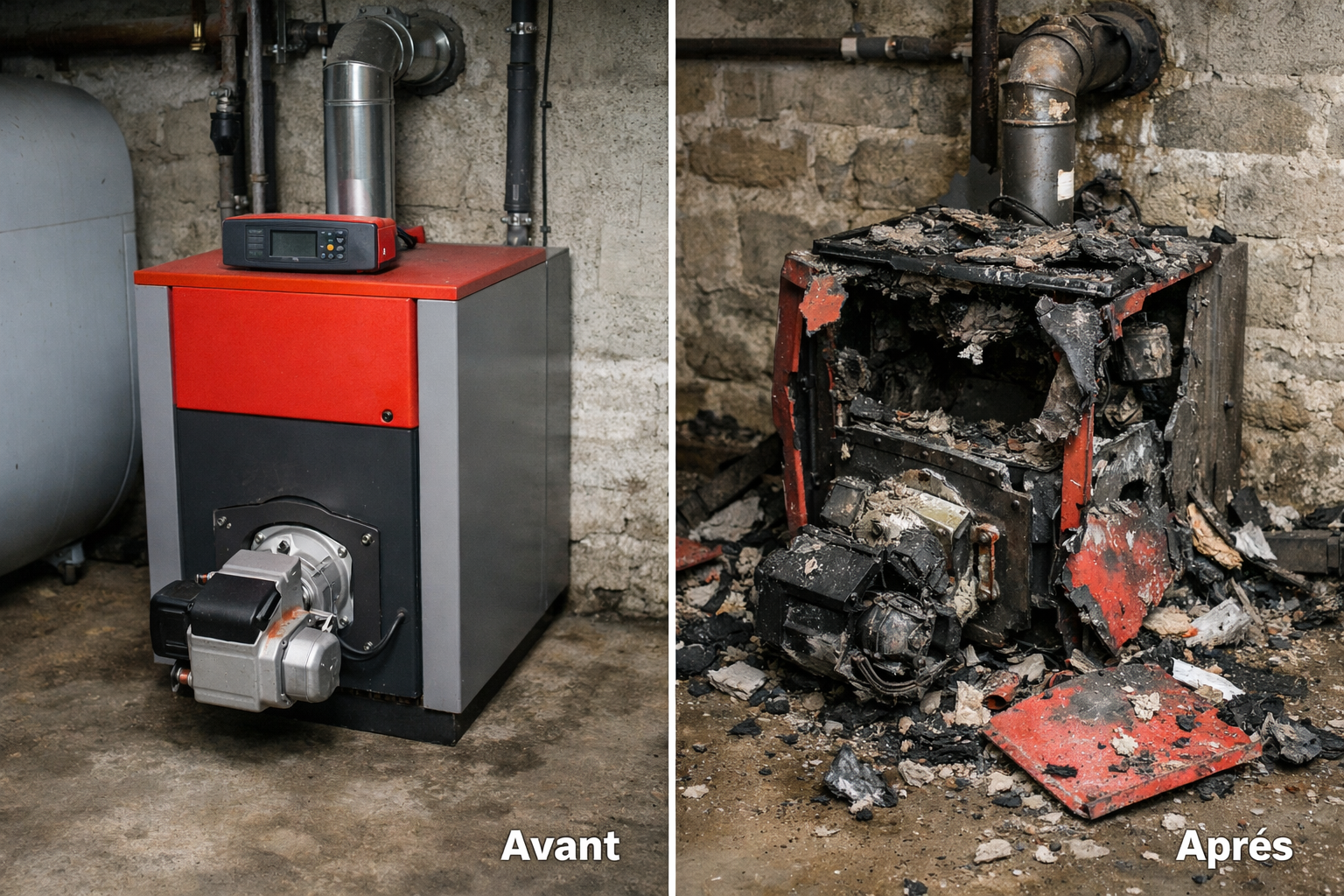 Chaudière fioul domestique en hiver avec risque d'explosion et consignes de sécurité