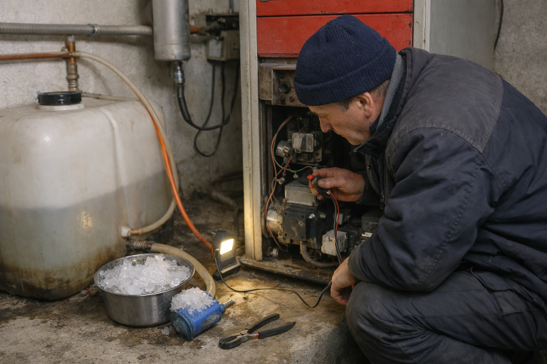 Technicien réparant une chaudière dans un sous-sol
