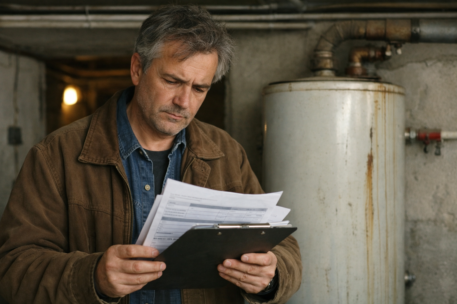 Homme d'âge moyen vérifiant des papiers devant une chaudière