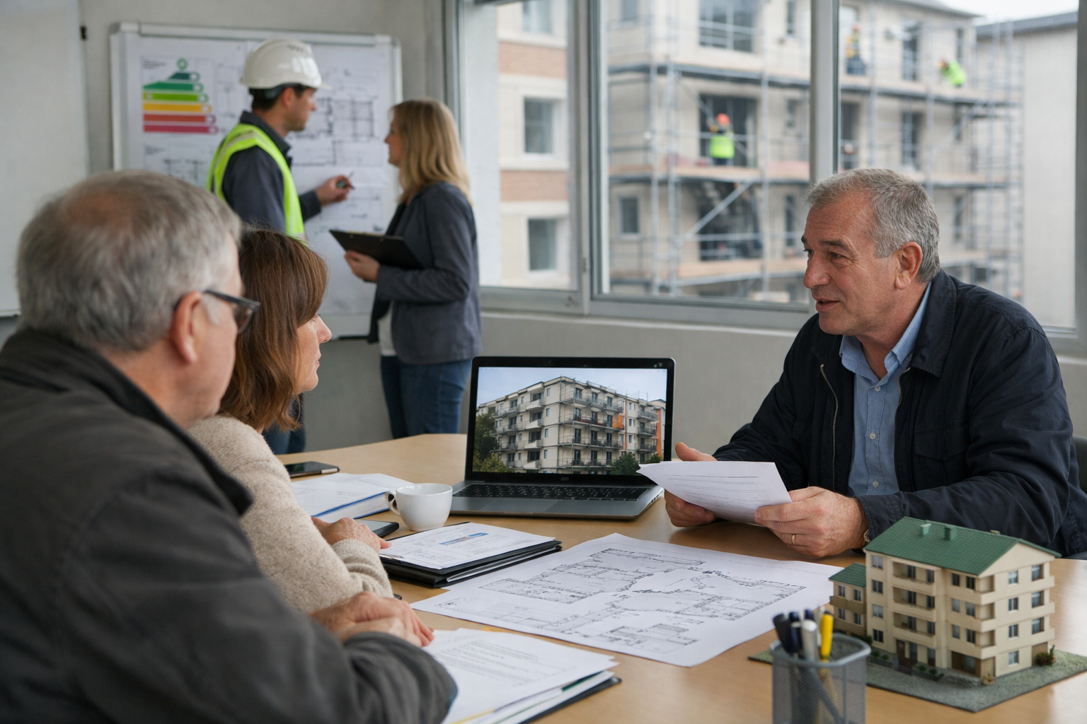 Réunion d'architectes autour de plans, chantier visible