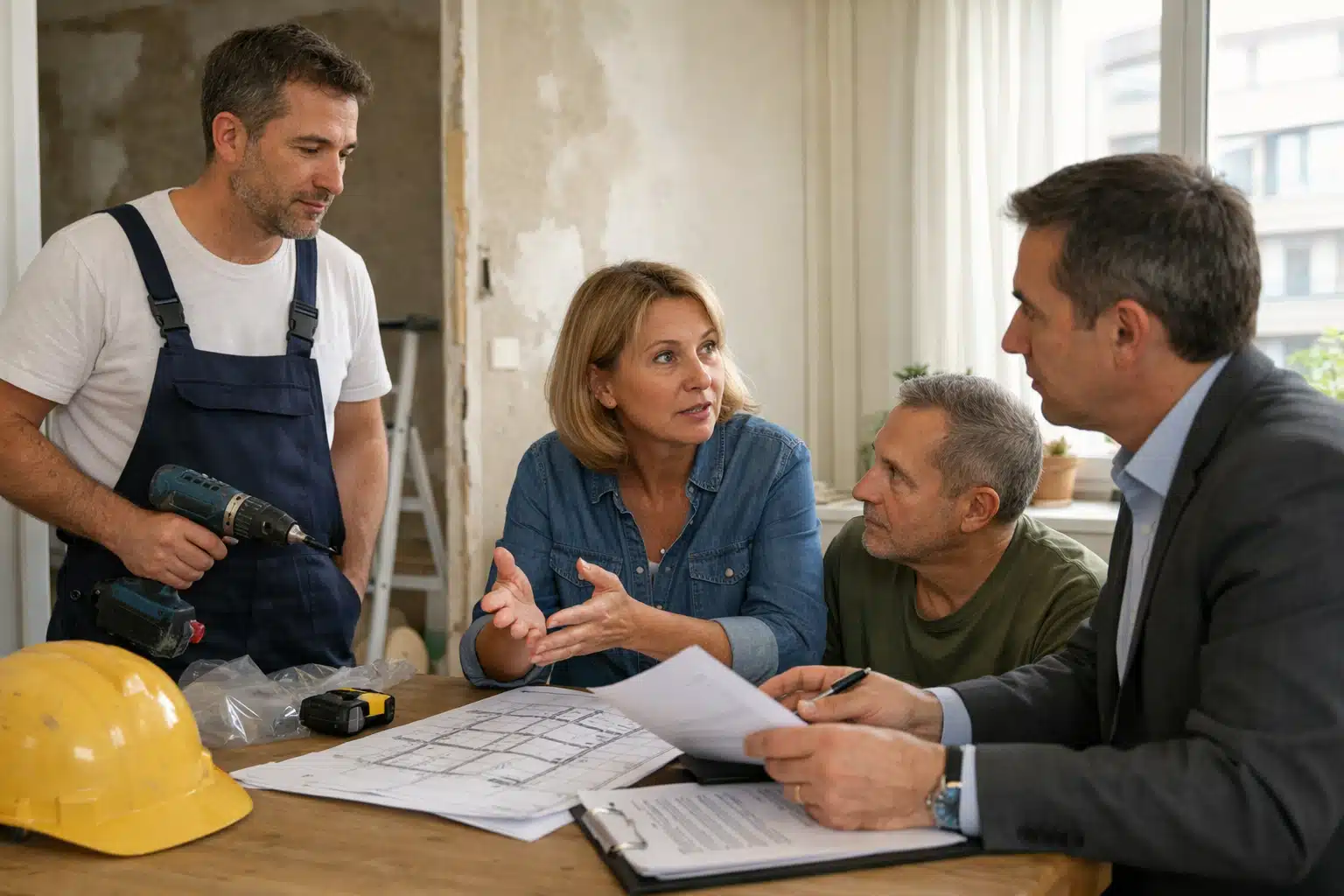 Couple discutant des plans de rénovation avec artisans