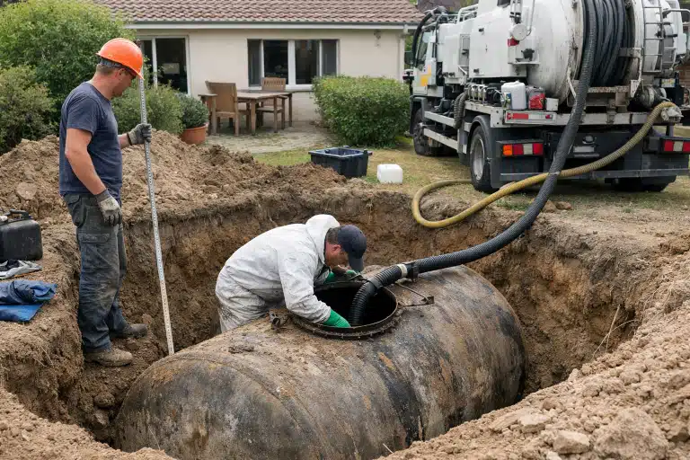 Techniciens vidangeant une fosse septique enterrée