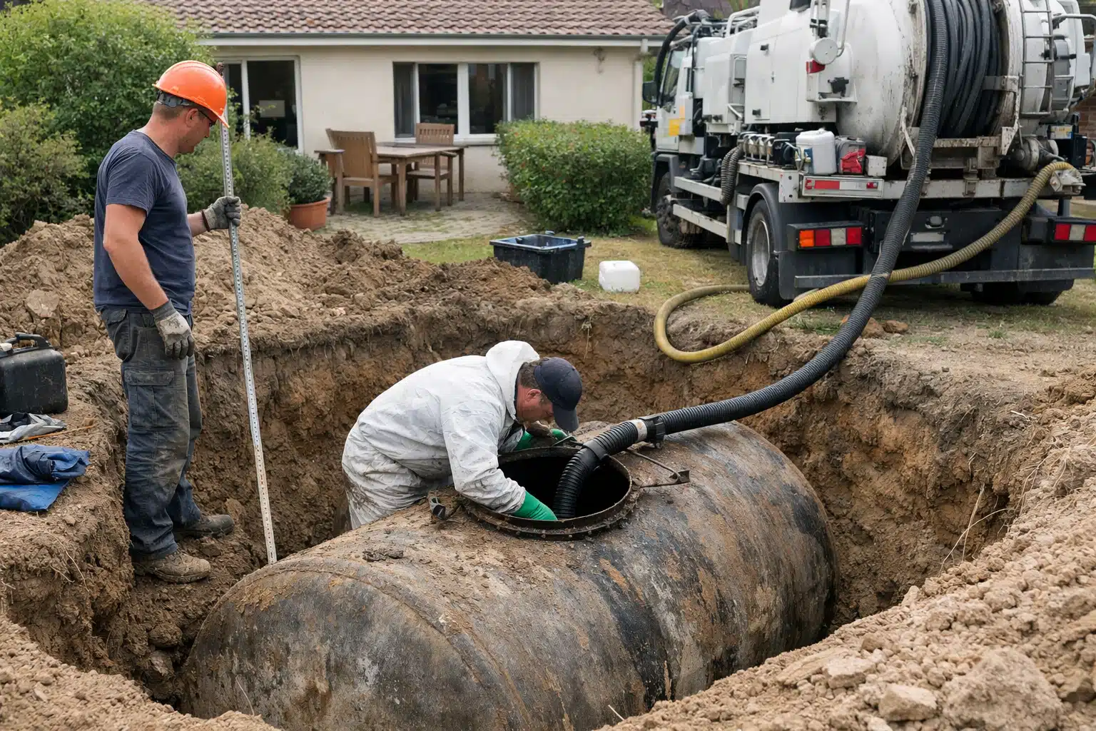 Techniciens vidangeant une fosse septique enterrée