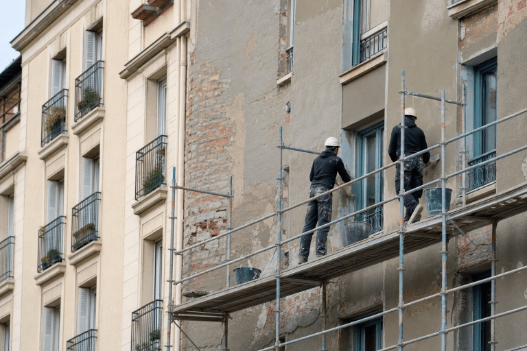 Deux ouvriers en casque sur échafaudage rénovant une façade