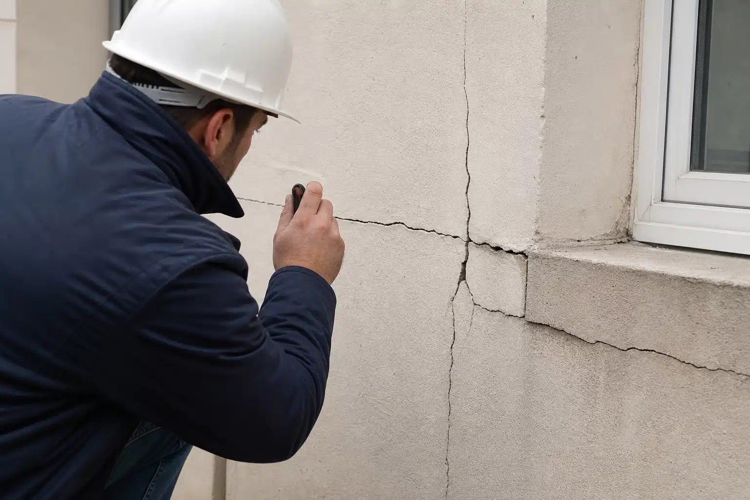 technicien en casque inspectant une fissure sur mur extérieur