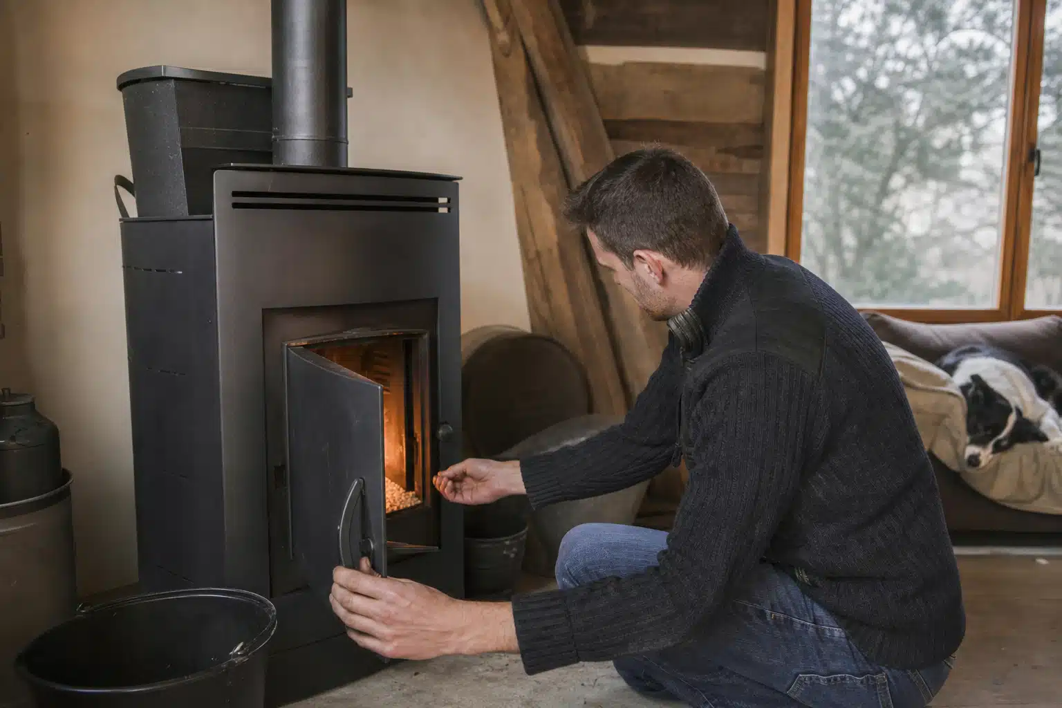Homme allumant un feu dans un poêle à bois