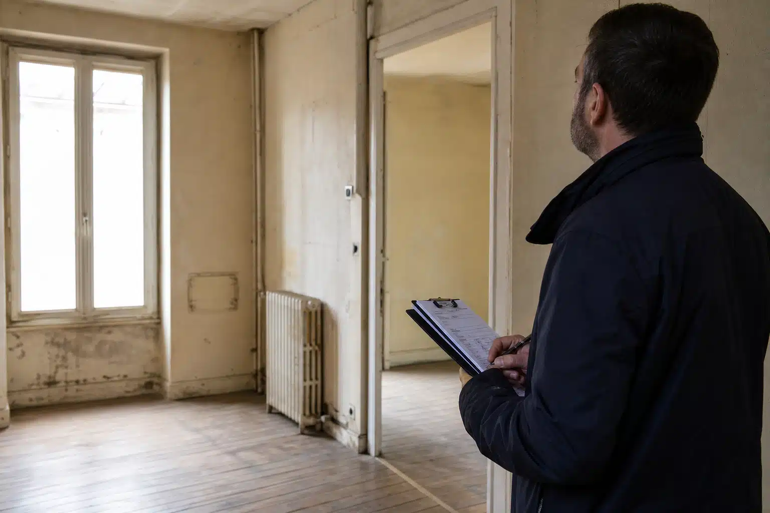 Inspecteur immobilier examinant un appartement vide avec carnet